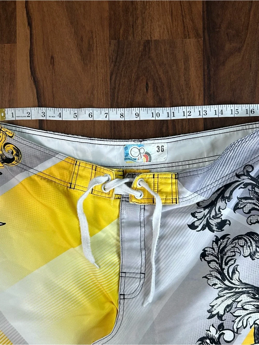 Vintage Y2K OP Men’s Yellow & Gray Baroque-Print Swim Shorts